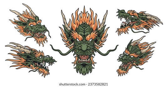 Dragon head colorful set logotypes face serpent from different sides with horns and long mustache near sharp fangs vector illustration