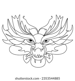 Dragon head in doodle style. Hand drawn dragon face, Chinese traditional fantasy animal. Dragons mask. Symbol 2024 dragon outline. Vector illustration. 