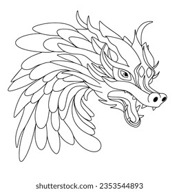 Dragon head in doodle style. Hand drawn dragon face, Chinese traditional fantasy animal. Dragon in profile. Symbol 2024 dragon outline. Vector illustration. 