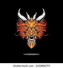 dragon head fire colored dab white horns, logo vector icon