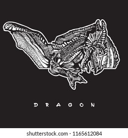 Dragon head and folded wings. Mythical fantasy symbol image.Vector black and white graphic illustration in vintage engraving style. 