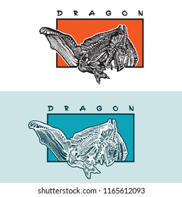 Dragon head and folded wings - mythical fantasy symbolic image. Vector monochrome graphic illustration in vintage engraving style. 
