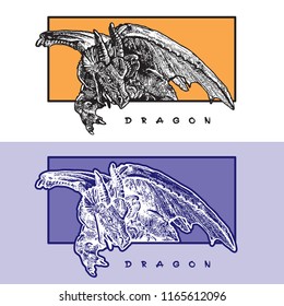 Dragon head and folded wings - mythical fantasy symbolic image. Vector monochrome graphic illustration in vintage engraving style. 