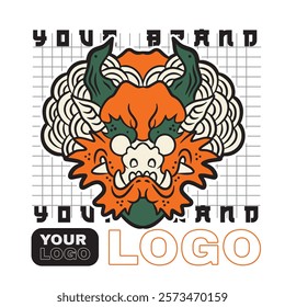 Dragon head front view logo. Simple shaped dragon stamp.