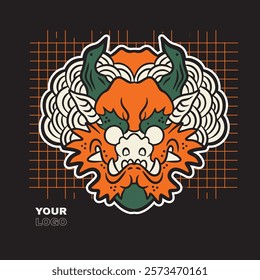 Dragon head front view logo. Simple shaped dragon stamp.