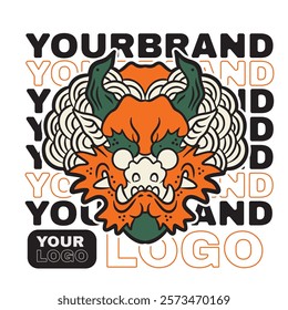 Dragon head front view logo. Simple shaped dragon stamp.