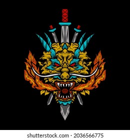 dragon head graphic design with three swords eps.10