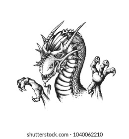 Dragon head. Hand drawn vector illustration isolated on white background