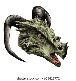 dragon head with horns sketch vector graphics color drawing of a green skin