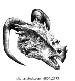 dragon head with horns sketch vector graphics black and white drawing