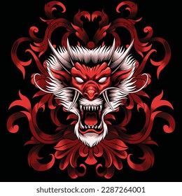 dragon head illustration with baroque ornament