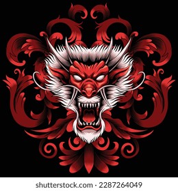 dragon head illustration with baroque ornament