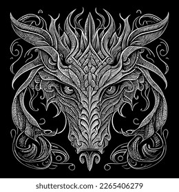 dragon head illustration is a striking depiction of this mythical creature, captures the power and mystery of the dragon, a symbol of strength and majesty