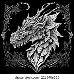 dragon head illustration is a striking depiction of this mythical creature, captures the power and mystery of the dragon, a symbol of strength and majesty