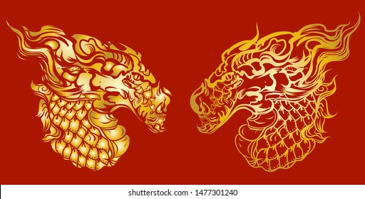 Dragon head isolate on white background.Gold dragon on red background.