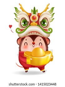 Dragon head. Little rat with holding chinese gold. Ingot. zodiac mice of Animal lucks year 2020 of the rat. Chinese New Year. Cartoon vector illustration isolated on a white background.