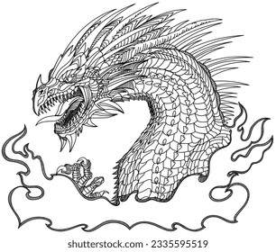 Dragon head, a medieval European mythological creature, angry with open jaws, fire-breathing,side view. Black and white graphic style vector illustration