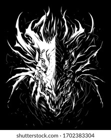 Dragon head on the dark background. White ink vector drawing. 
