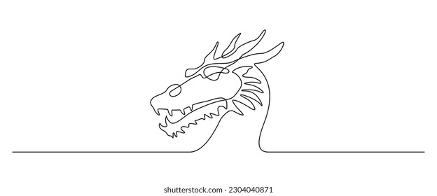 Dragon head in one continuous line drawing. Magical fictional creature for Chinese traditional symbol in simple linear style. Editable stroke. Doodle outline vector illustration