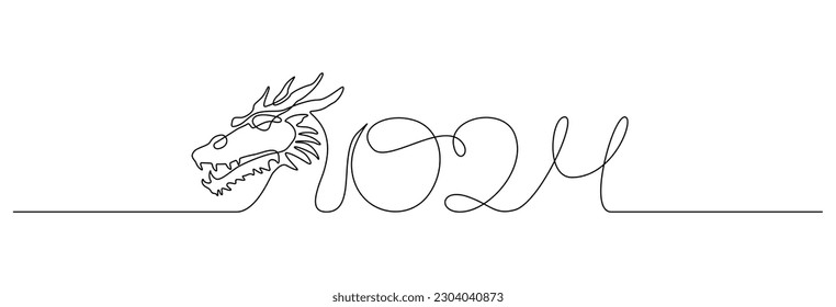 Dragon head in one continuous line drawing. Magical fictional creature for Chinese traditional symbol 2024 new year in simple linear style. Editable stroke. Doodle outline vector illustration