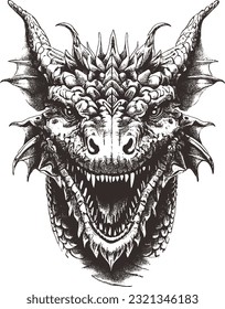 dragon head with open mouth vector illustration engraving