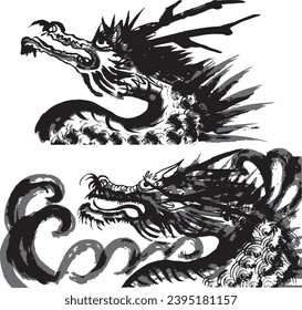 dragon head profile. brush stroke illustration. hand drawn illustration.