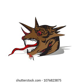 Dragon head with red eyes and long tongue, cartoon on white background with shadow, vector