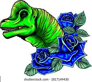 dragon head with roses and flower vetor illustration