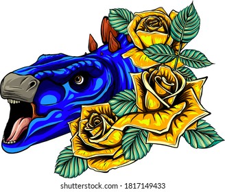 dragon head with roses and flower vetor illustration