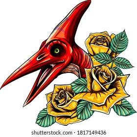 dragon head with roses and flower vetor illustration