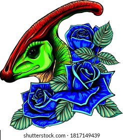 dragon head with roses and flower vetor illustration