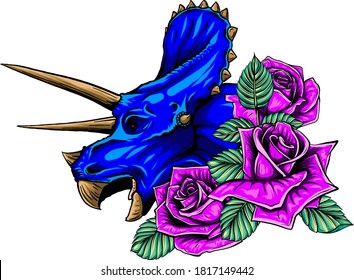 dragon head with roses and flower vetor illustration