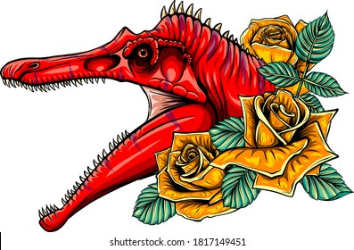 dragon head with roses and flower vetor illustration