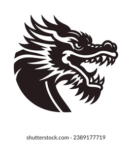 Dragon head side view. Simple shaped dragon logo or stamp. Dragon with opened mouth and fangs. Asian culture symbol of a new 2024 year. Fantasy magic reptile predator. Vector dragon head.