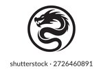 Dragon Head Silhouette in Circle, Black and White, Logo Design
