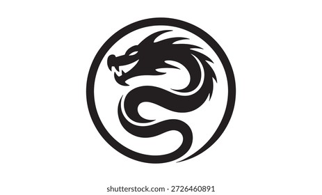 Dragon Head Silhouette in Circle, Black and White, Logo Design