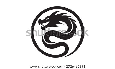 Dragon Head Silhouette in Circle, Black and White, Logo Design