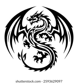 Dragon head silhouette logo design. Serpent vector icon in black and white color