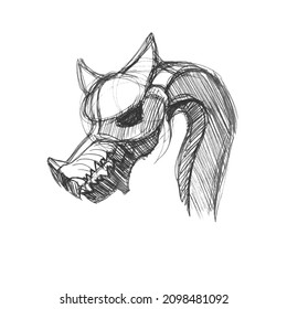 Dragon head sketch drawn and pen white paper  Hand  drawn sloppy black  and  white concept drawing  Simple vector linear illustration 
