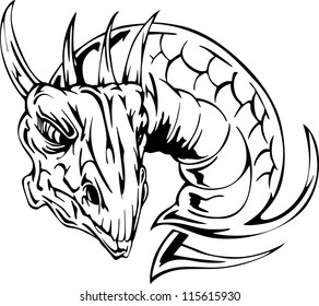 Dragon head tattoo. Back and white vector illustrations.