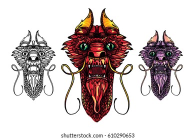 Dragon Head in tattoo and cartoon style. Vector