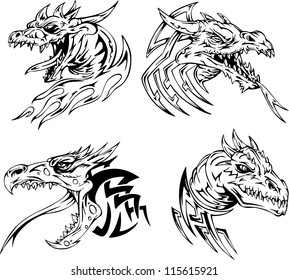 Dragon head tattoos. Set of black and white vector illustrations.