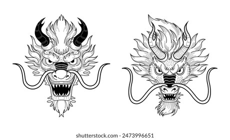 Dragon head. Traditional Chesnee animal, stylized black silhouette, mythical creature front view face. Emblem or logotype illustration. 2024 new year symbol. isolated decorative element. Vector set