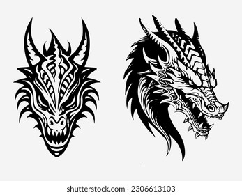 Dragon head tribal tattoo black and white illustration logo set