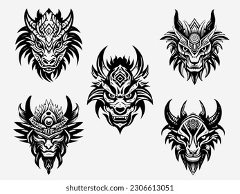 Dragon head tribal tattoo logo set with bold black and white illustrations set, symbolizing power, mystique, and ancient wisdom