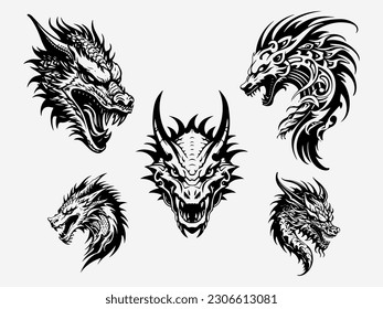 Dragon head tribal tattoo logo set with bold black and white illustrations set, symbolizing power, mystique, and ancient wisdom