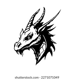 Dragon head vector black and white illustration. Fantastic dragon tattoo template.