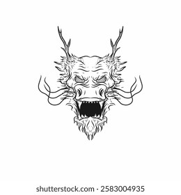 Dragon head vector with fierce expression, sharp details, and black and white tribal line art style