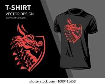 Dragon head vector illustration for t shirt printing and embroidery - design on a dark background.