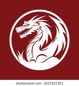 Cabeça de dragão branco logotipo vetor design isolado em vermelho. Ícone de dragão europeu cativante, misturando elegância intemporal com fascínio mitológico. Estêncil de ilustração simples para laser.